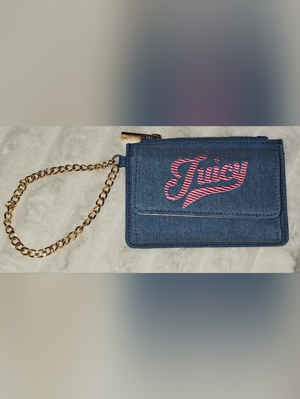 Juicy Couture Dark Blue Denim Card Wallet with Pink Embroidered Logo